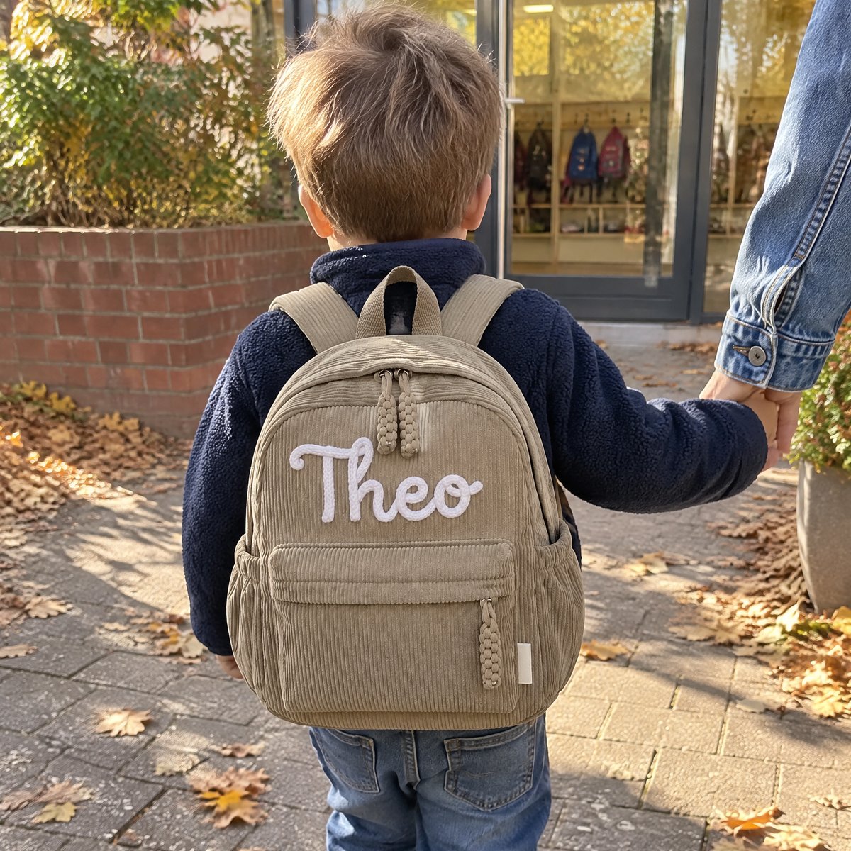 A preschool boy seen from behind wearing a khaki corduroy backpack with the name Theo in white yarn letters