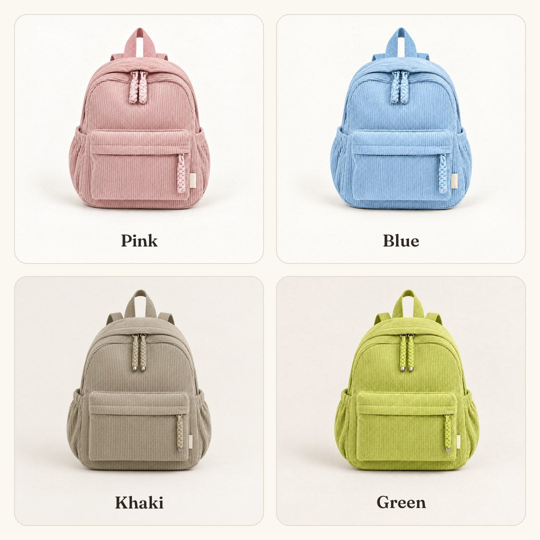 The backpack in 4 colors: pink, blue, khaki and green