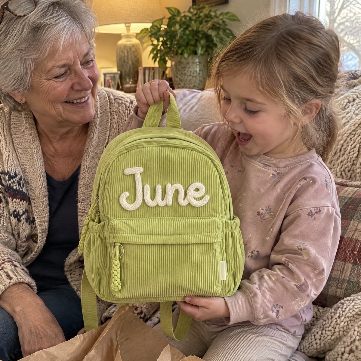 A girl lifting a green corduroy backpack with the name June out of kraft wrapping paper next to her grandmother