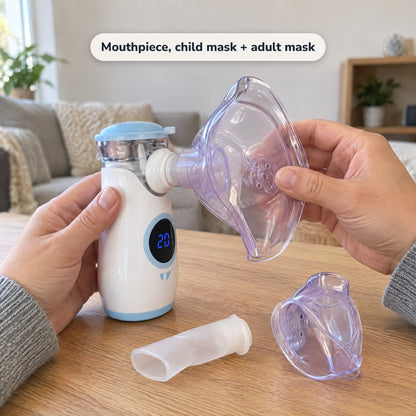 Adult mask being attached to the nebulizer, with the mouthpiece and child mask beside it