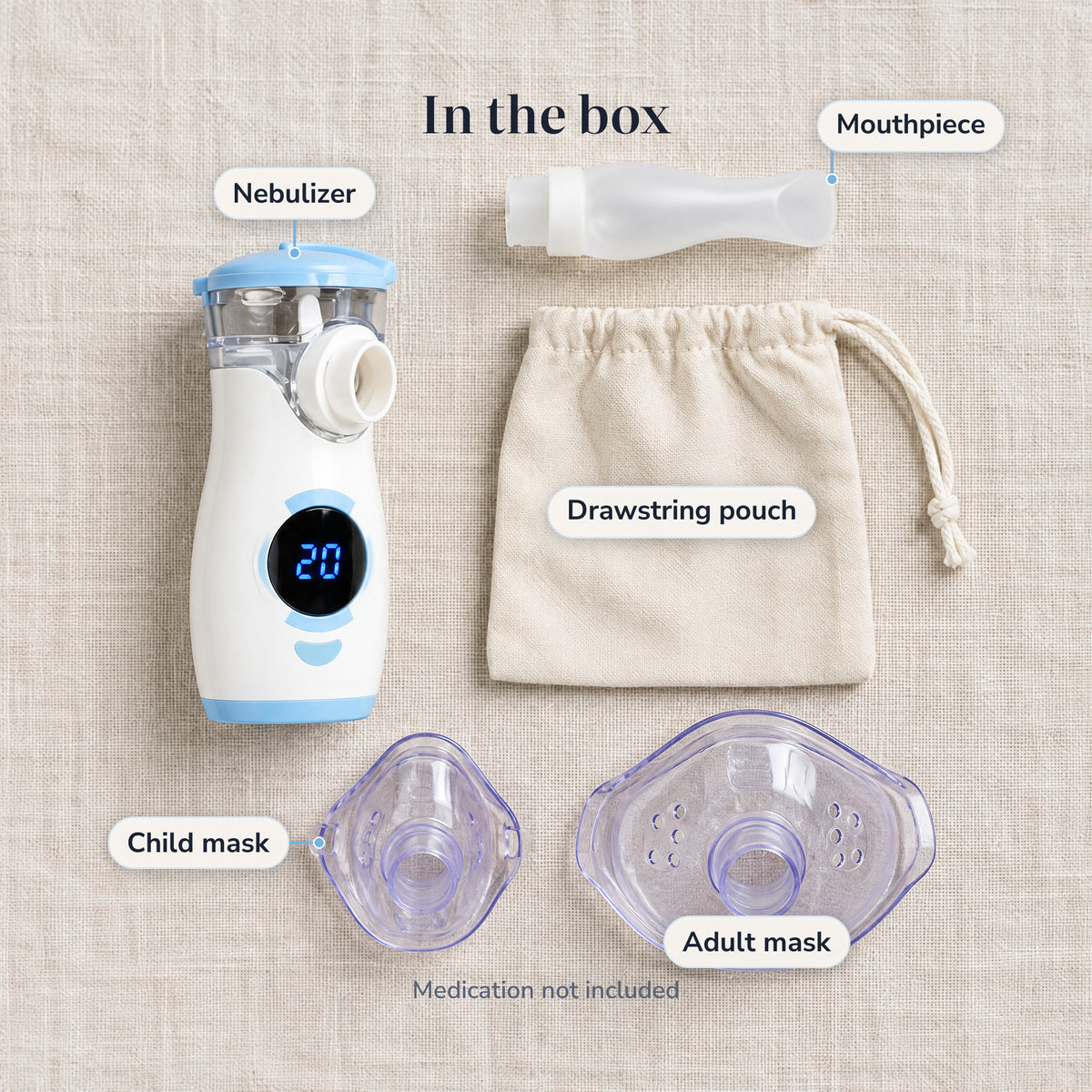 What's in the box: nebulizer, mouthpiece, child mask, adult mask and cream drawstring pouch
