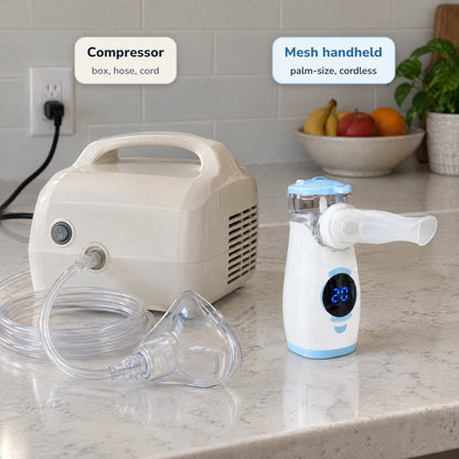 Bulky compressor nebulizer with hose and cord next to the palm-size mesh nebulizer