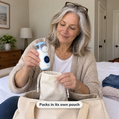 Woman packing the nebulizer in its drawstring pouch into a weekend bag
