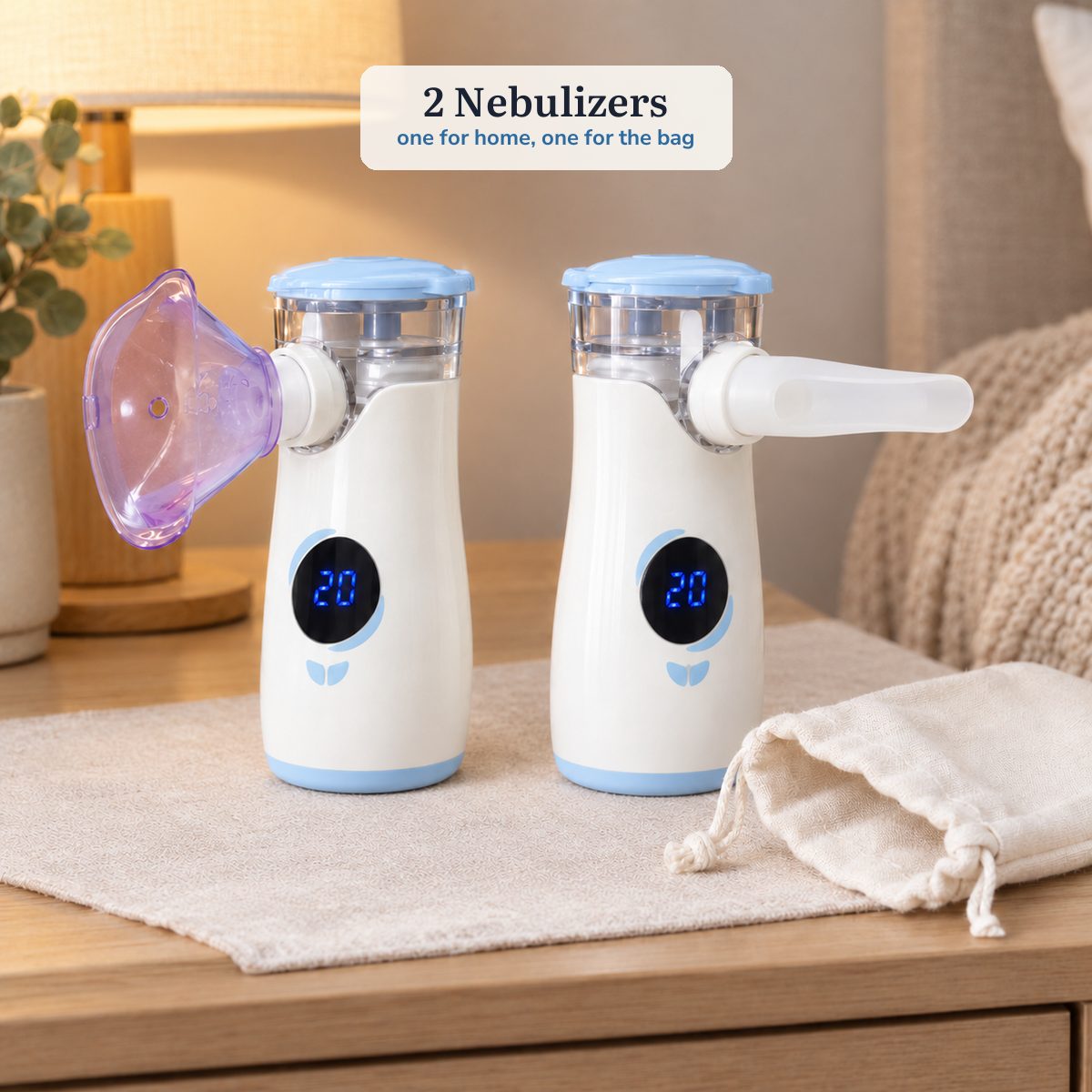 Two portable mesh nebulizers, one with the child mask and one with the mouthpiece