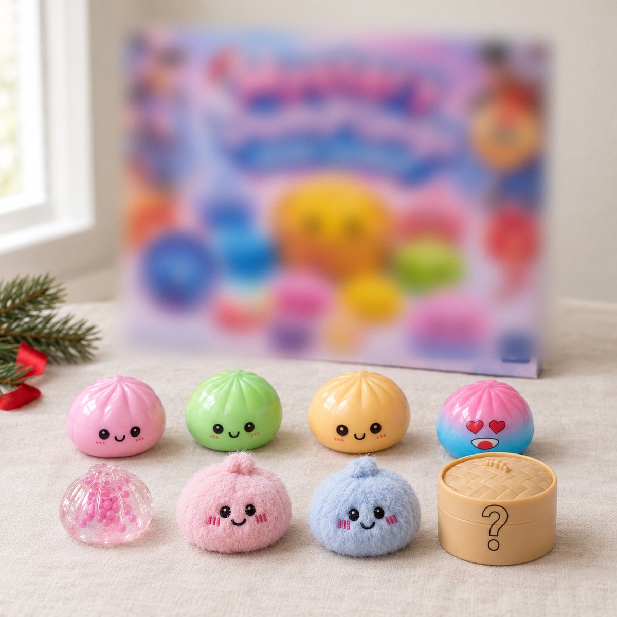 The squishy dumpling advent calendar box with its dumpling toys and the steamer case in front