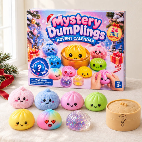 The squishy dumpling advent calendar box with its dumpling toys and the steamer case in front