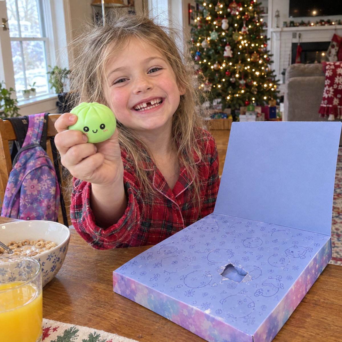 A girl in pajamas at the kitchen table squeezing a green dumpling squishy, the open calendar in front of her