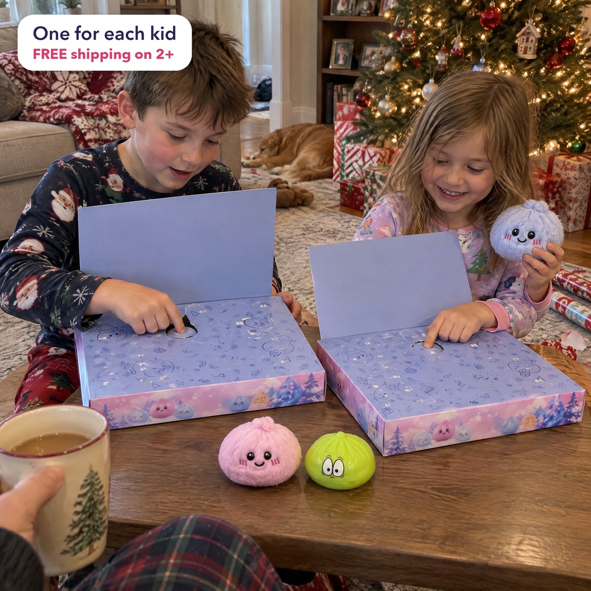 Two siblings by the Christmas tree, each pushing in a door on their own calendar